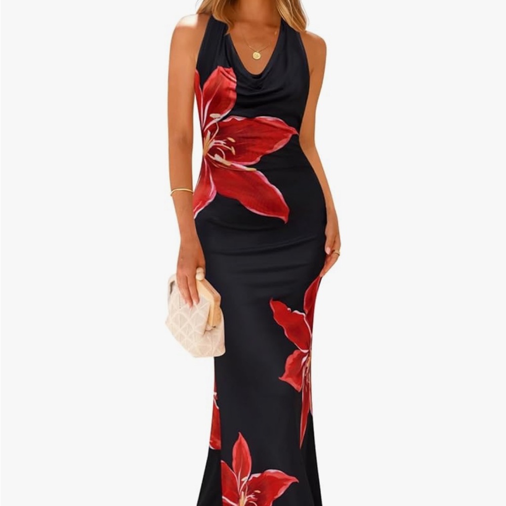 Black Maxi Dress with Red Floral Print